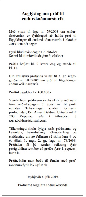 Auglýsing löggildingarpróf 2019