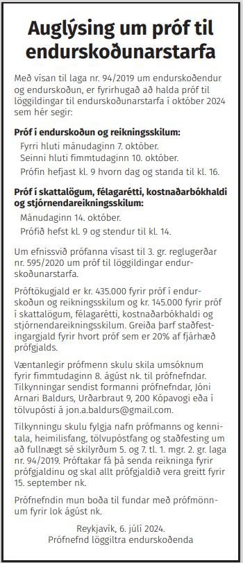 Löggildingarpróf verða í október