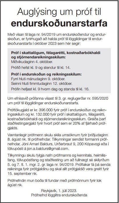 Löggildingarpróf verða í október