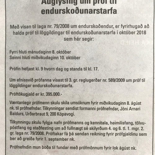 Löggildingarprófið verður dagana 8. og 10. október