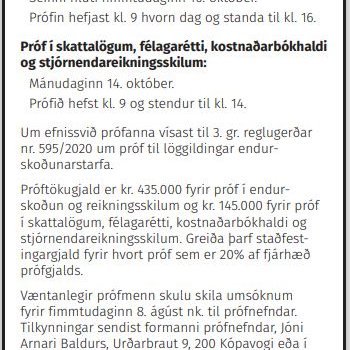 Löggildingarpróf verða í október